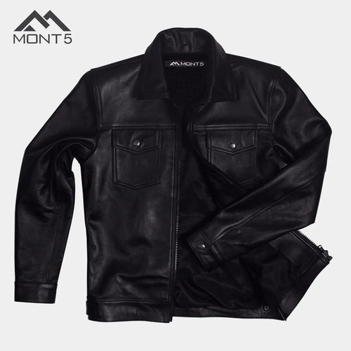 MONT5  Diran Men Black Classic Leather Jacket with Shirt Collar